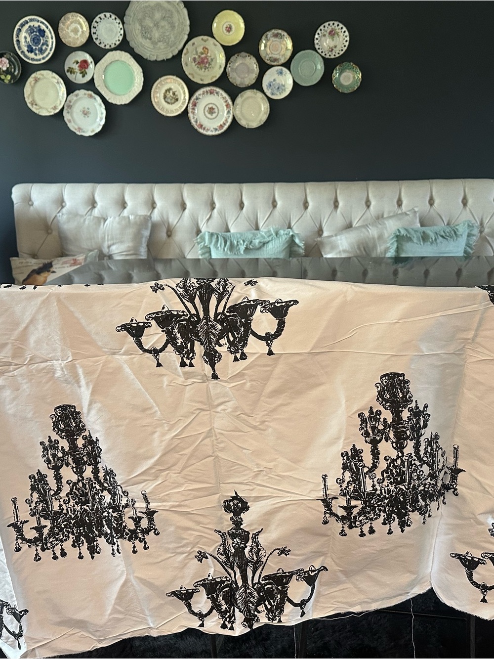 Black Chandelier Print Fabric Panel - Elegant Black on White